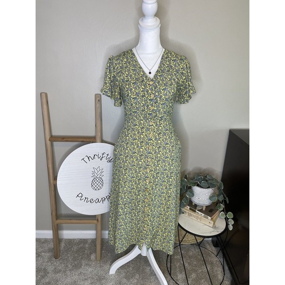Mo:Vint Anthropologie Dress Women's Fit & Flare Floral Yellow Blue Size Xsmall - Picture 1 of 16